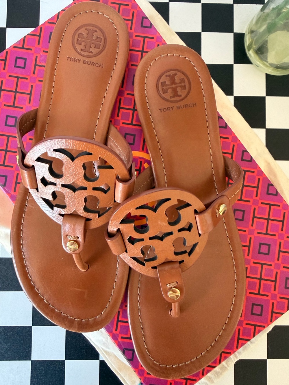 Tory Burch Brown Leather Logo Thong Sandals - Picture 2 of 4